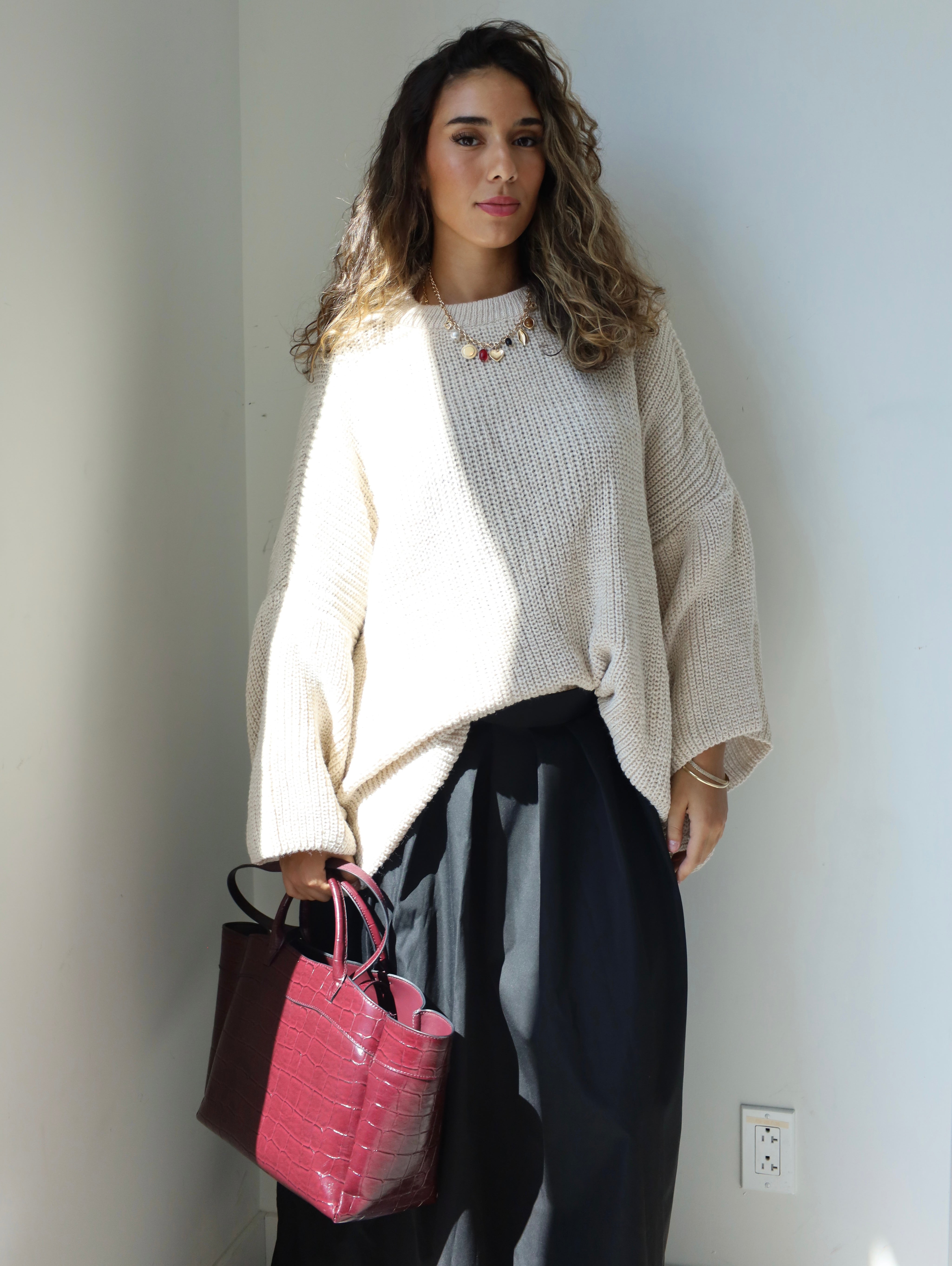 Beige Oversized Knit Sweater – Wide Sleeves