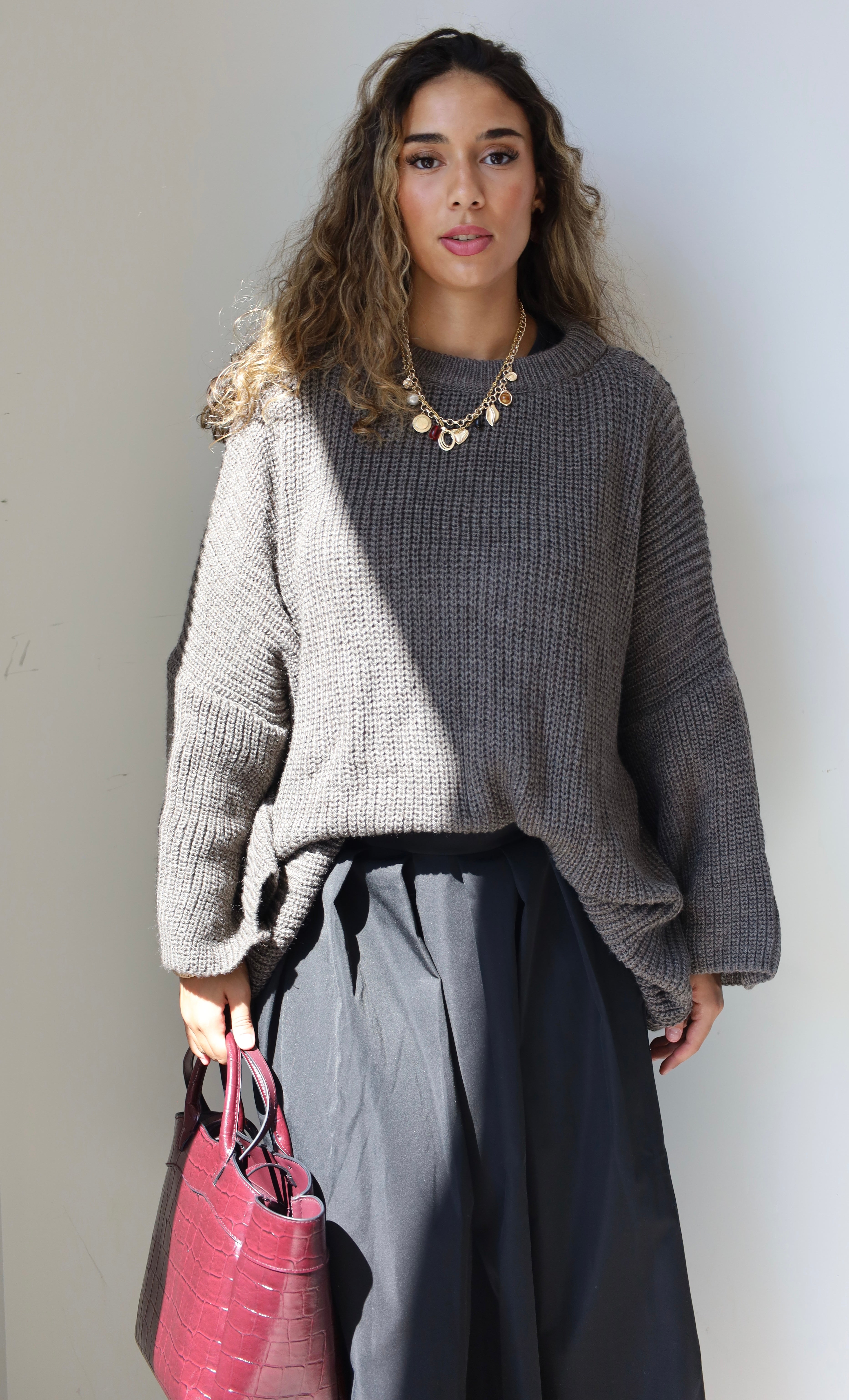 Taupe Oversized Knit Sweater – Wide Sleeves