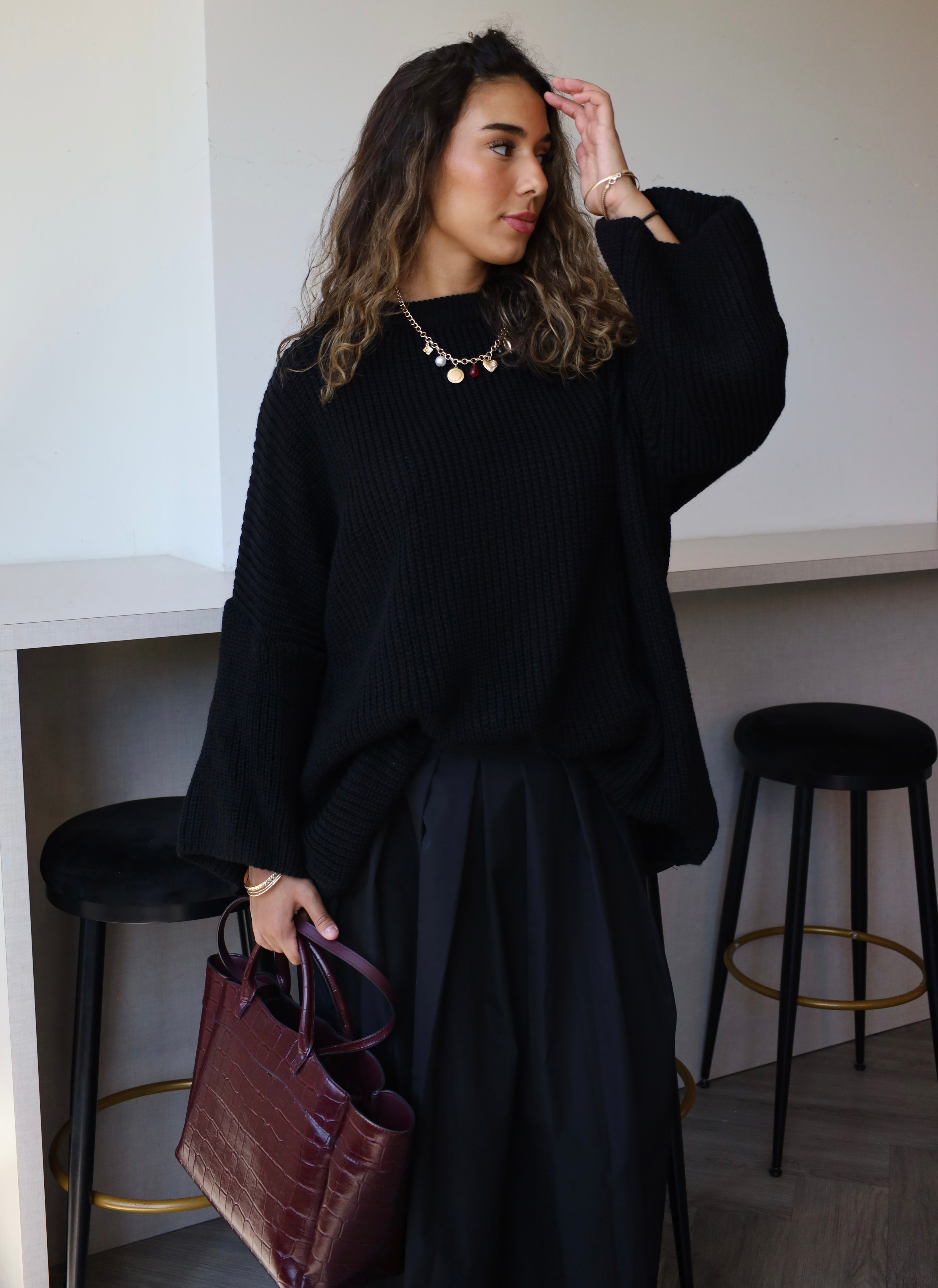 Black  Oversized Knit Sweater – Wide Sleeves