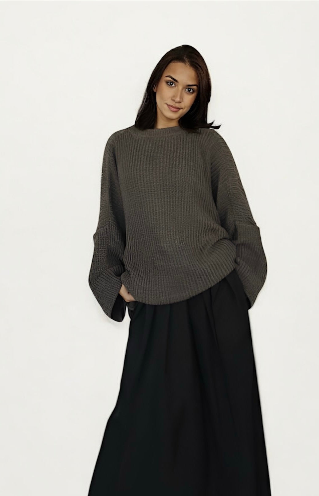 Taupe Oversized Knit Sweater – Wide Sleeves